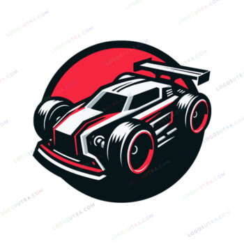 Dynamic racing car logo in red, black, and white colors, symbolizing speed, power, and high-performance automotive design