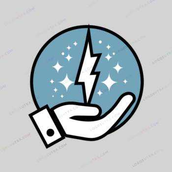 A modern and dynamic lightning bolt logo in blue and white colors, featuring a hand and a circle, representing renewable energy solutions and electric vehicles.