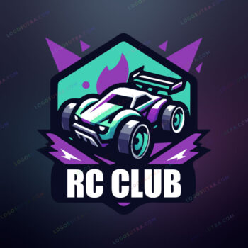 RC Club Logo for Toy and Gaming with purple, teal colors, featuring RC car, hexagon, and lightning bolt icons.