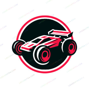 RC logo for remote control cars in red, black, white, and silver colors. Stylized car emblem symbolizing speed and excitement.