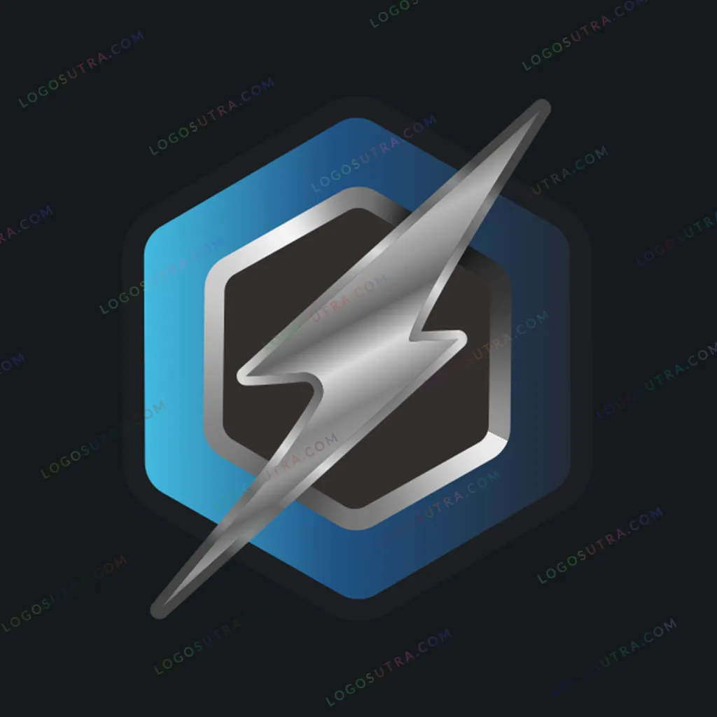 Silver lightning bolt enclosed within a blue hexagon, symbolizing power, electricity, and energy. Designed for corporate clients, energy consumers, tech enthusiasts, electrical industry professionals, and sports fans.