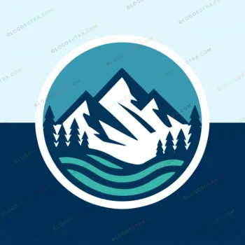 A bold and modern mountain logo with blue and green colors, featuring a river, trees, and a vector design.