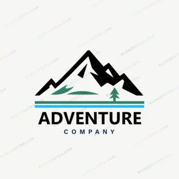 Minimalist blue, green, and black outdoor adventure badge with mountain peaks. Modern vector logo for adventurers.