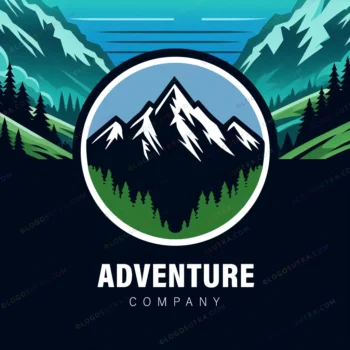 Adventure Logo: A modern, minimalistic vector logo with a summit emblem featuring blue, green, and black colors, depicting mountain valleys and tree lines for adventurous branding.