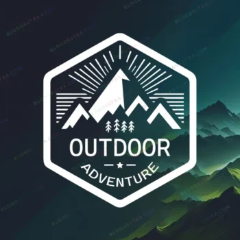 Outdoor logo featuring a hexagon and mountain icon in white and black colors. Ideal for nature lovers and adventure enthusiasts.