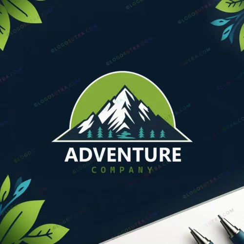 Adventure company logo with blue and green colors, minimal design featuring a mountain and tree in vector format.